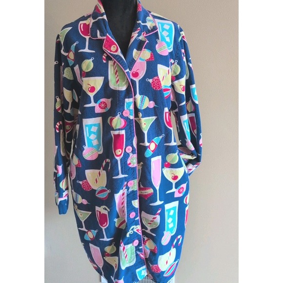 Nick and Nora Night Shirt Gown Sz Med Blue Christmas Martini Flannel Pockets EUC - Picture 2 of 8
